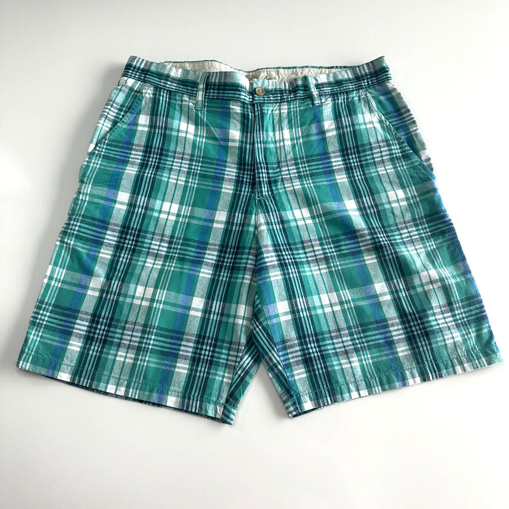 Palm Beach Teal/Blue Plaid Classic Fit Flat Front Chino Shorts-34